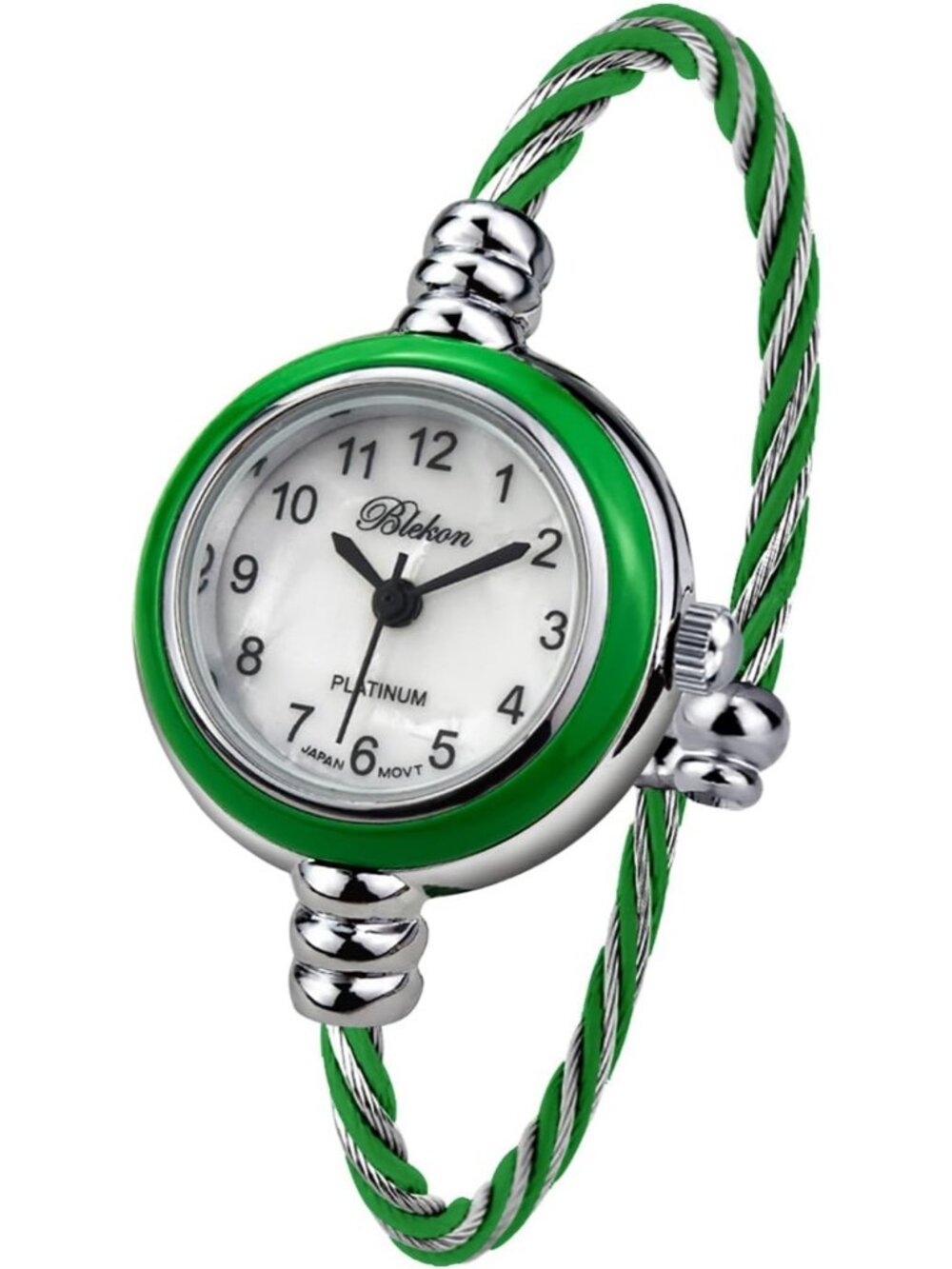 Women's Silver Green Round Analog Display Arabic Number Wire Bracelet Wristwatch